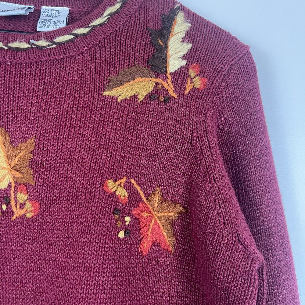 Embroidered Fall Leaf Crewneck Sweater - Burgundy - Picture 2 of 9